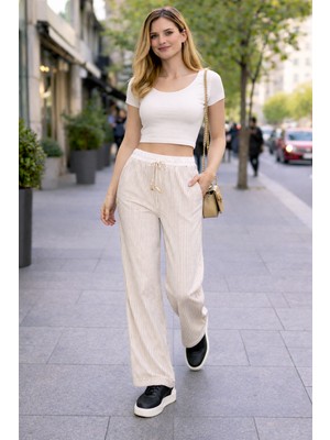 Comstar Kadın Trend Çizgili Bol Paça Krem Palazzo Pantolon