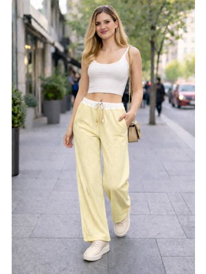 Comstar Kadın Trend Çizgili Bol Paça Sarı Palazzo Pantolon