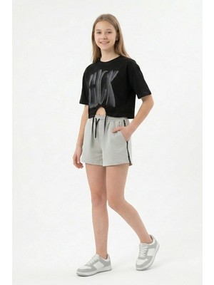 New Kids Crop Baskılı Tişört Yanı Şeritli %100 Pamuk Şort Kız Çocuk Takımı