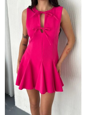 Hiccup Kadın Janes Bisiklet Yaka Fiyonk Detaylı Mini Elbise Karanfil Pembesi