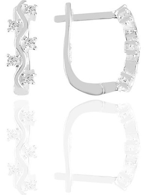 Söğütlü Silver Gümüş Zirkon Taşlı Klipsli J Küpe 925 Ayar Dalgalı Tasarım Şık Renk