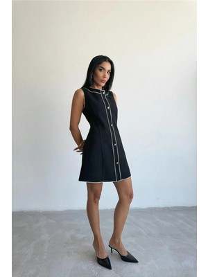 Hiccup Kadın Janes Dokulu A Kesim Mini Elbise, Düğmeli Kapatma Siyah