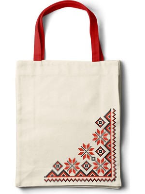 INKD Sanatsal Bez Çanta – Geleneksel Köşe Motifi Tasarım - 35X40
