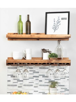 Merzana Ahşap Duvar Şaraplık & Kadehlik Raf – Meşe 2 Katlı Dekoratif Mutfak ve Bar Rafı