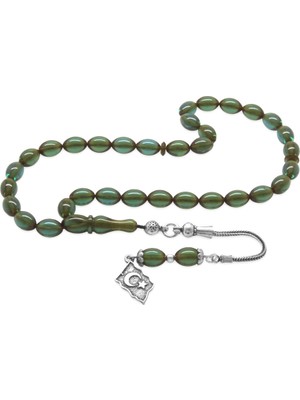 Tesbihane 925 Ayar Gümüş Püsküllü Bilek Boy Arpa Kesim Su Mavisi Ateş Kehribar Tesbih