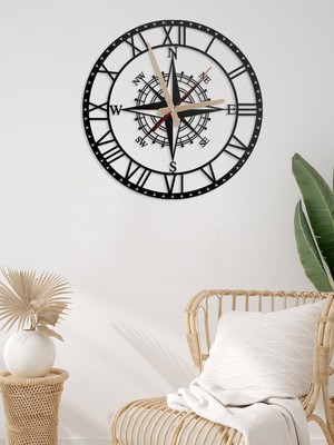 Metalium Concept Dekoratif Roma Rakamlı Metal Duvar Saati Pusula Temalı Yuvarlak 60x60 cm