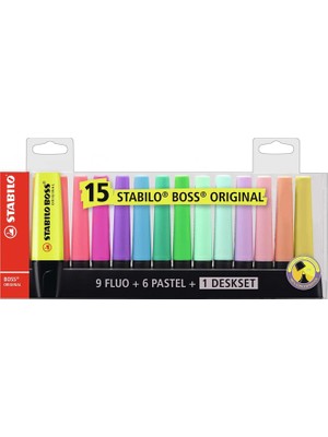 Stabilo Boss Original 15 Renk Yazı Tahtası Kalemi Masa Seti 9 Fosforlu 6 Pastel Renkli