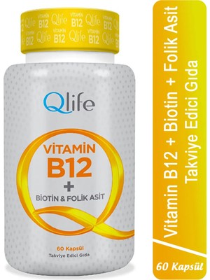 Qlife Vitamin B12 + Biotin & Folik Asit 60 Kapsül Yetişkinler İçin Takviye Edici Gıda