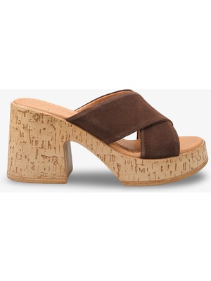 Frida Kadın Hakiki Deri Topuklu Terlik - Kahve Süet