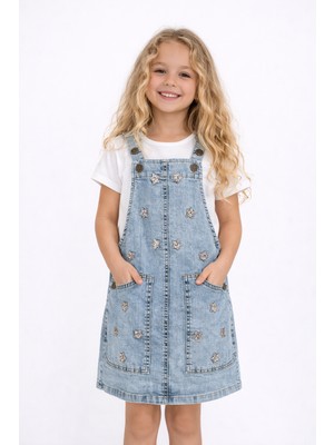 Sibel Günay Butik Kız Çocuk Kot Jile Elbise – Yıldız Detaylı Mevsimlik Kot Ceket Tarzı Askılı Elbise (4-9 Yaş)