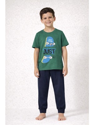 Zekalya Erkek Çocuk %100 Pamuk Süprem Penye Kaykay Pijama Takımı Yeşil Tişört Lacivert Pantolon 5-8 Yaş