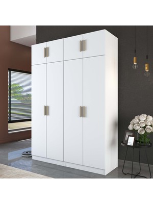 Rani BA216 Geniş Gardırop Elbise Dolabı 8 Kapaklı 5 Raflı 2 Askılı Modüler Dolap Beyaz