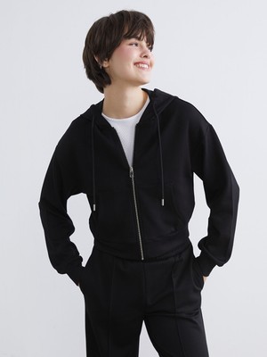 Lcw Siyah Kapüşonlu Soft Touch Kadın Fermuarlı Sweatshirt