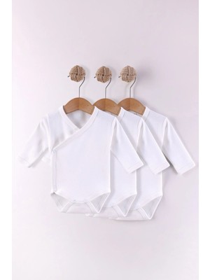 Kidello Beyaz Önden Açılan Zıbın Organik Uzun Kollu Bady % 100 Pamuk Kumaş Ekonomik Basic Unisex Kız ve Erkek Bebek 3 Lü Body Zıbın 1 Ay 3 Ay 6 Ay