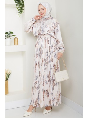 inStyle Saten Çiçekli Kahverengi Piliseli Etekli Takım