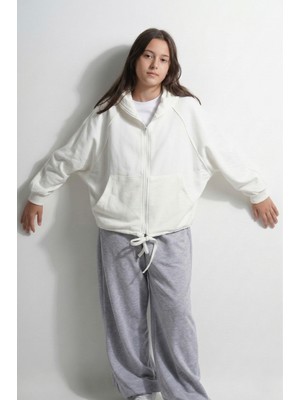 Haykids Genç Kız Beyaz Fermuarlı Kapüşonlu - Etek Ucu Bağcıklı ve Ön Cepli Üst Giyim Hırka