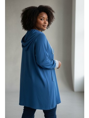 Büyük Beden Kapüşonlu Fermuarlı 77 cm Uzun Gömlek Tunik Mavi Günlük Rahat Kesim