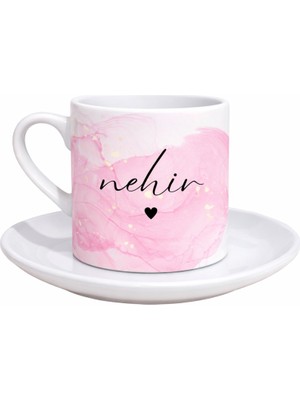 Myworldorganization Kişiye Özel Isimli Pembe Mermer Desenli Kahve Fincanı, Isme Özel Kalp Detaylı Kahve Fincanı