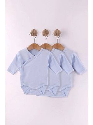 Kidello Mavi Önden Açılan Zıbın Organik Uzun Kollu Bady % 100 Pamuk Kumaş Ekonomik Basic Unisex Kız ve Erkek Bebek 3 Lü Body Zıbın 1 Ay 3 Ay 6 Ay