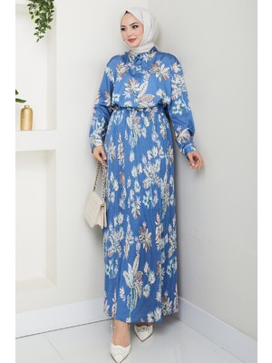 inStyle Saten Çiçekli Indigo Piliseli Etekli Takım
