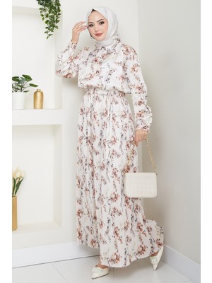 inStyle Saten Buğulu Piliseli Kahverengi Etekli Takım