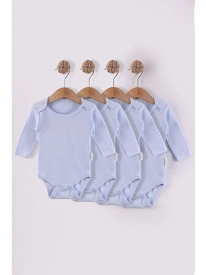 Kidello Mavi Zıbın Organik Uzun Kollu Bady % 100 Pamuk Kumaş Ekonomik Basic Unisex Kız ve Erkek Bebek 4 Lü Body Zıbın 1 Ay 3 Ay 6 Ay 9 Ay