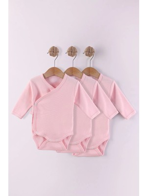 Kidello Pembe Önden Açılan Zıbın Organik Uzun Kollu Bady % 100 Pamuk Kumaş Ekonomik Basic Unisex Kız ve Erkek Bebek 3 Lü Body Zıbın 1 Ay 3 Ay 6 Ay