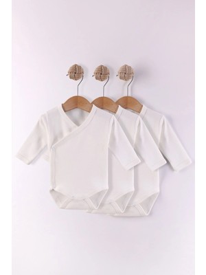Kidello Ekru Önden Açılan Zıbın Organik Uzun Kollu Bady % 100 Pamuk Kumaş Ekonomik Basic Unisex Kız ve Erkek Bebek 3 Lü Body Zıbın 1 Ay 3 Ay 6 Ay