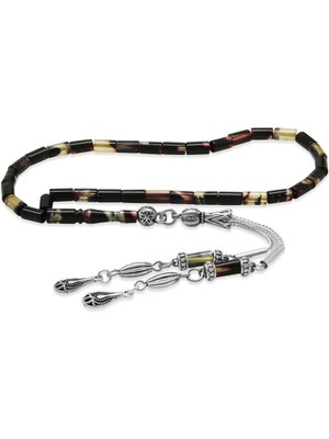 Tesbihane Ateş Kehribar Tesbih - Kararmaz Metal Damla Püsküllü - Beyaz Siyah - Mini Boy - Kesme Kesim