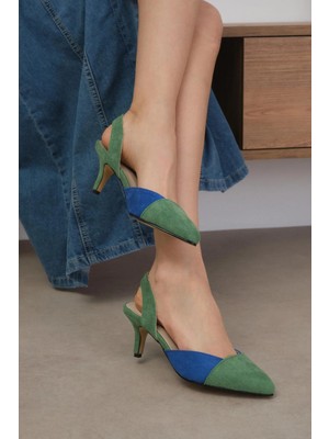 Mio Gusto Ruby Yeşil ve Saks Mavi Renk Süet Kadın Kısa Topuklu Ayakkabı