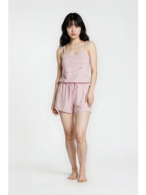 Ecrou Kadın Pudra Puppy Dog Desen Soft Tuşeli Askılı Tulum