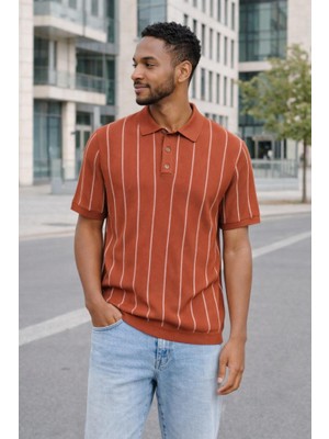 Only & Sons Erkek Çizgili Gömlek Yaka Turuncu T-Shirt - 22037080