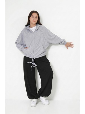 Haykids Genç Kız Beyaz Fermuarlı Kapüşonlu - Etek Ucu Bağcıklı ve Ön Cepli Üst Giyim Hırka