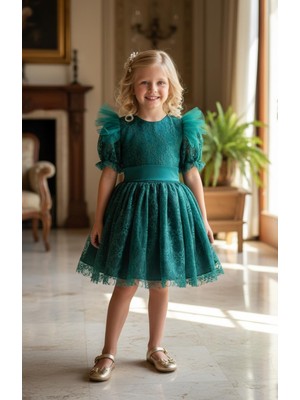 Gala Stil Gala Beli Kemerli Dantelli Çocuk Elbise