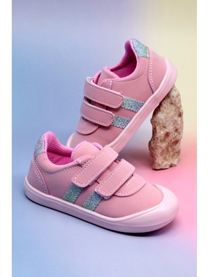 Tonny Black Çocuk Unisex Pembe Nubuk Cırtlı Snaker Düz Tabanlı Konforlu Ayakkabı