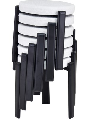 Vilinze Teras Siyah Metal Ayak Teddy Kumaş Istiflenebilir Mutfak-Balkon Taburesi (6 Adet)