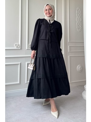 inStyle Kurdeleli Dantel Detay Etekli Krep Siyah  Takım