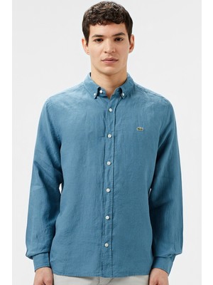 Lacoste Men's Regular Fit Button-Down Collar Linen Shirt Blue Erkek Düğmeli Yaka Keten Gömlek Mavi