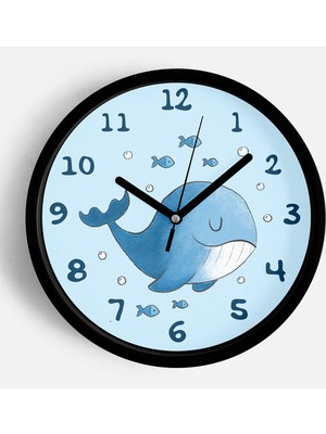 JHAAR Sevimli Balina Çocuk Odası Duvar Saati - 25CM - Önü Camlı Siyah Kasa