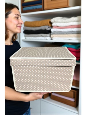 Özbience Mini Çok Amaçlı Saklama Kutusu Bej Puantiye 30X40X25