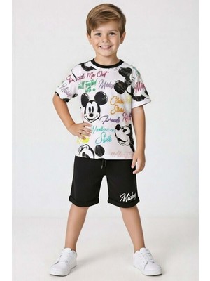 Riccotarz Erkek Çocuk Ayıcık Desen ve Renkli Yazılarla Penye T-Shirt Siyah Şortlu Takım