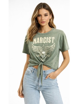 Erline Kadın Önden Bağlamalı Baskılı T-Shırt