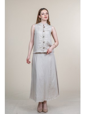 MissVina Ip Saçaklı Keten Yelek ve Etek Takım 1236
