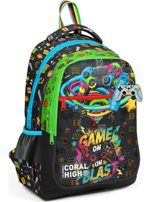 Coral High Kids Siyah Gamer Desenli Üç Bölmeli Okul Sırt Çantası 33258