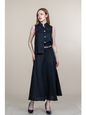 MissVina Ip Saçaklı Keten Yelek ve Etek Takım 1236