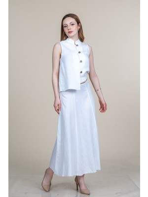 MissVina Ip Saçaklı Keten Yelek ve Etek Takım 1236