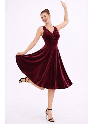 Ruris Kadın Bordo Kadife Kruvaze Yaka Kloş Midi Abiye Mezuniyet Elbisesi