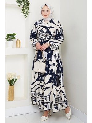 inStyle Çiçekli Geometrik Desen Lacivert Viskon Takım