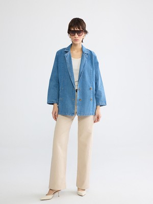 Lcw Lacivert Kruvaze Yaka Kadın Jean Blazer Ceket