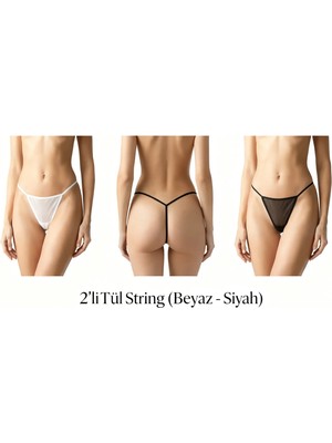 Calma Tül Tanga 2 Li (Beyaz -Siyah)